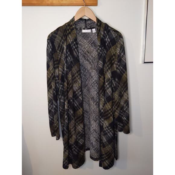 Susan Graver Women's XLP Olive Plaid Open Front Cardigan Sweater Duster - Picture 1 of 7